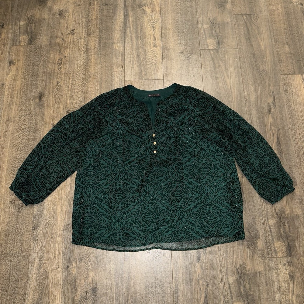 Lane Bryant Women Size 20 Blouse Peasant Green Summer Glitter Long Sleeves Lined
